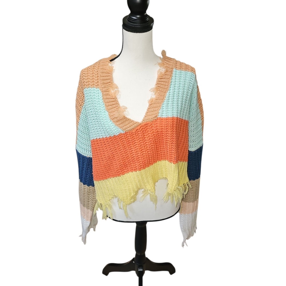 Storia Multicolor V-Neck Sweater with Fringe